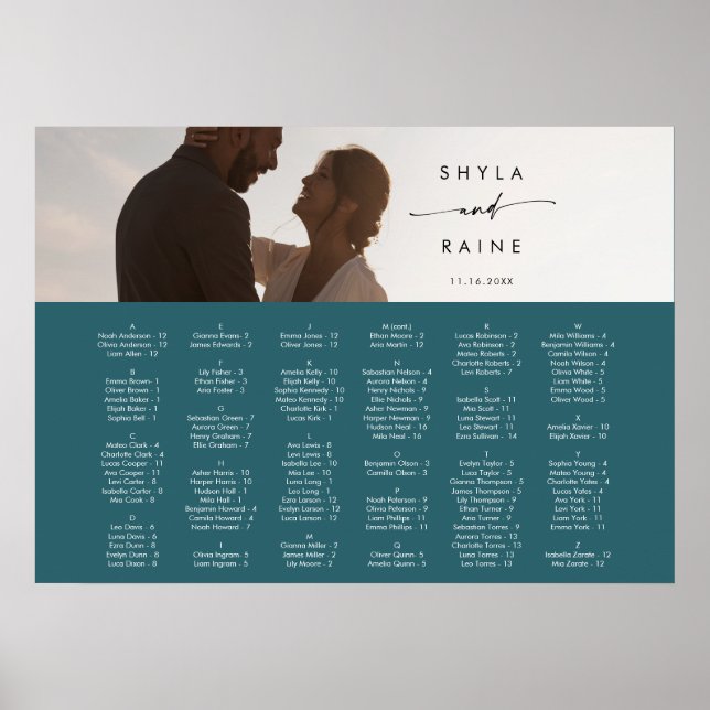 Boho Chic Tealblå Bild Sittplatskarta Poster (Framsidan)