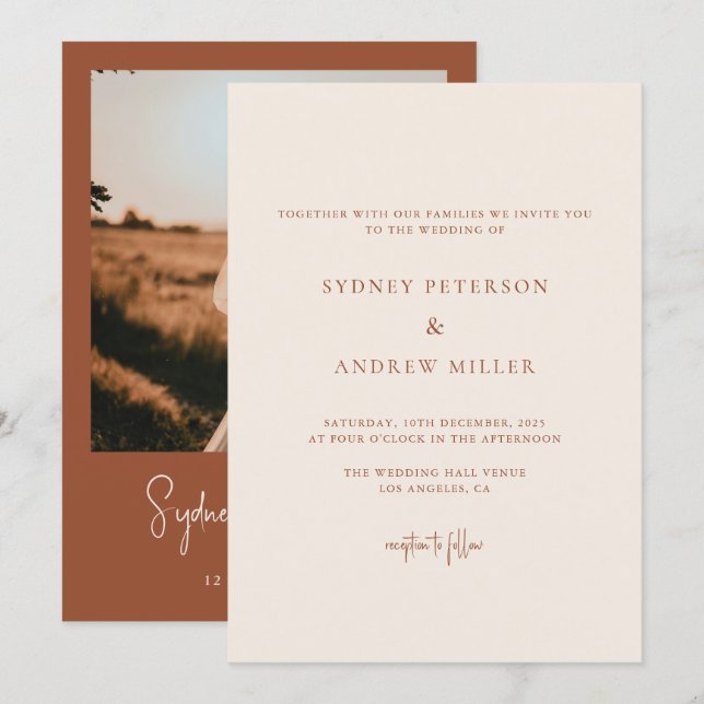 Boho Chic Terracotta Photo Wedding bjudande Inbjudningar (Fram/baksida)
