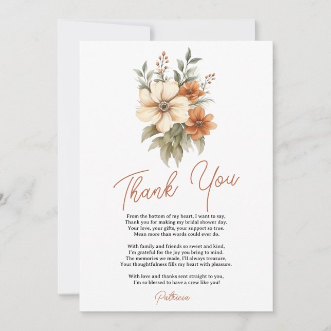 Boho Chic Terrakotta Blomsterbukett Bröllopsdusch Tack Kort (Framsida)