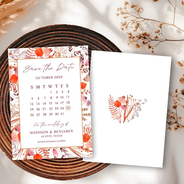 Boho Chic Terrakotta Vildblommor Bröllopskalender Spara Datumet (Skapare uppladdad)