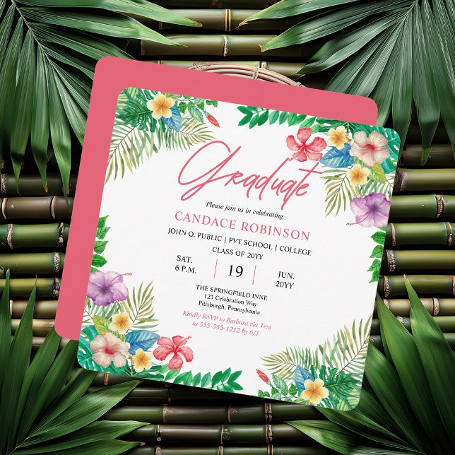 Boho Chic Tropical Hibiscus Studentfest Inbjudningar (Boho Chic Tropical Hibiscus Graduation Party Invitations - Print | Digital Download)