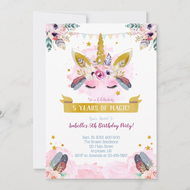 Boho Chic Unicorn Ansikte Birthday Call Inbjudningar (Framsida)