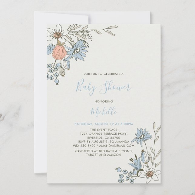 Boho chic Vår Blue Blommigt Baby Shower Inbjudningar (Framsida)