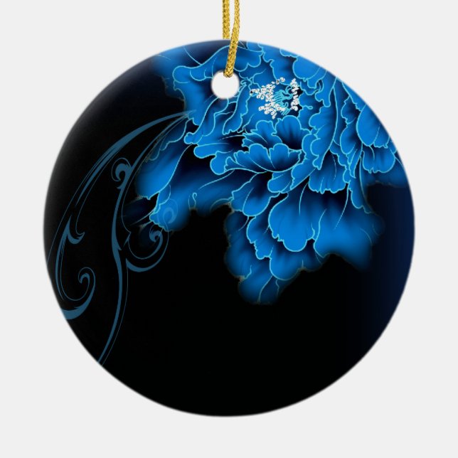 boho chic vattencolor blommigt blue peony julgransprydnad keramik (Framsidan)