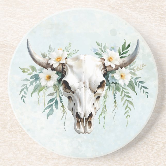Boho Chic Vattenfärg Blommig Ko Skalle Underlägg (Framsidan)