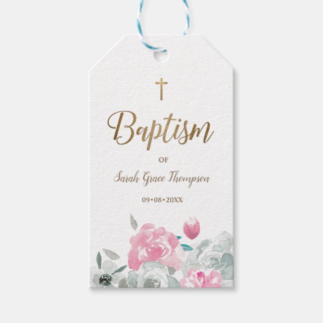Boho Chic Vattenfärg Blommor Barn Döpelse Presentetikett (Framsidan)