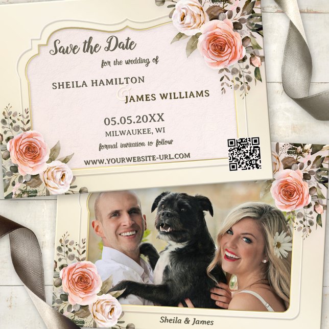 Boho Chic Vattenfärg Foto Spara Datum Kort (Save the Date card featuring romantic blush pink watercolor roses with your photo and a QR code)