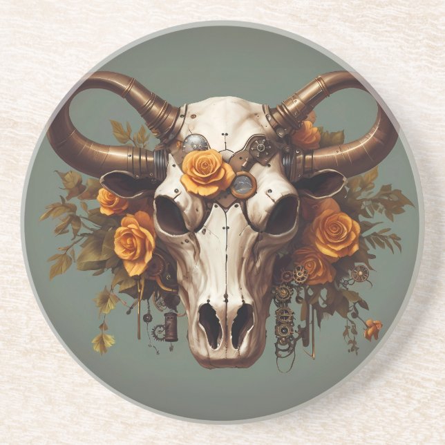 Boho Chic Vattenfärg Steampunk Blommig Ko Skalle Underlägg (Framsidan)