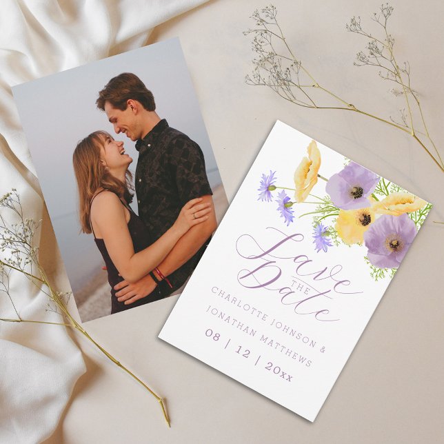 Boho Chic Vattenfärg Vildblomma Foto Bröllop Spara Datumet (Elegant script wildflower bouquet watercolor purple yellow floral wedding save the date invitation)