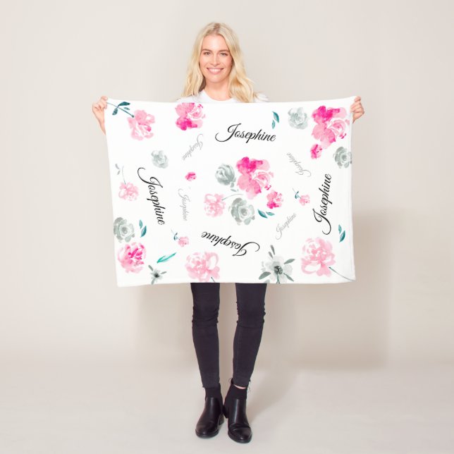 Boho Chic Vattenfärgblommor upprepade Namn Baby Fleecefilt (På plats)