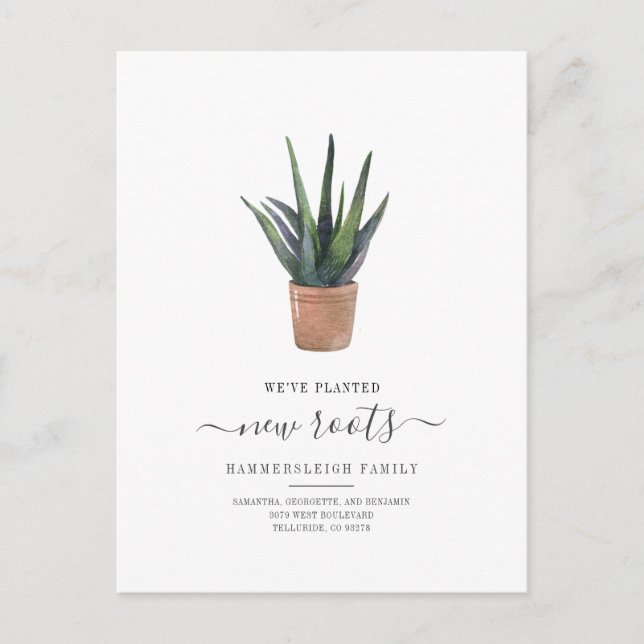 Boho Chic Vi har flyttat New Roots Succulary Plant Meddelande Vykort (Framsida)