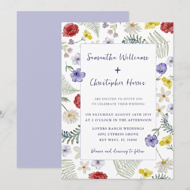 Boho Chic Vilda Blommor Akvarell Bröllop   Inbjudningar (Fram/baksida)