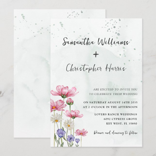 Boho Chic Vilda Blommor Akvarell Bröllop  Inbjudningar (Fram/baksida)