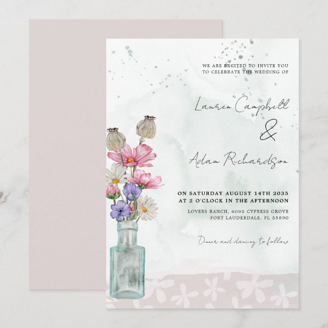 Boho Chic Vilda Blommor Akvarell Bröllop Inbjudningar (Fram/baksida)