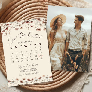 Boho Chic Vilda Blommor Bröllopskalender & Foto Spara Datumet