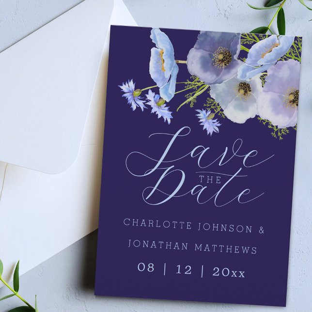 Boho Chic Vildblomma Blommig Marinblå Bröllop Spara Datumet (Boho chic wildflower bouquet watercolor blue floral navy blue wedding save the date invitation)