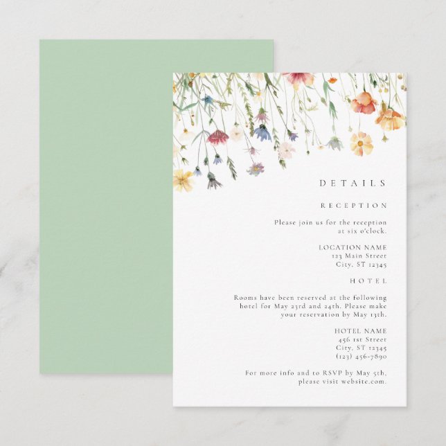 Boho Chic Vildblomma Bröllopsdetaljer Tilläggskort (Fram/baksida)