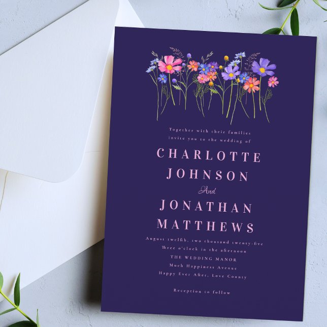 Boho Chic Vildblomma Marinblå Rosa Blommig Bröllop Inbjudningar (Elegant modern wildflower meadow vibrant florals navy blue pink wedding invitation)
