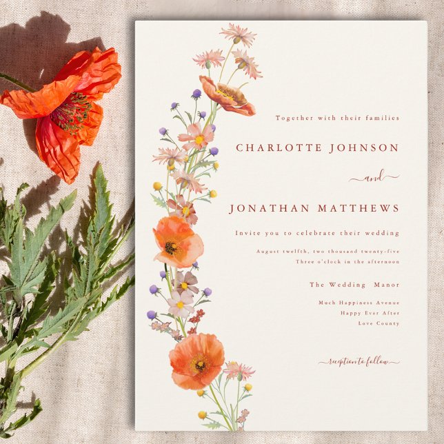 Boho Chic Vildblomma Orange Brun Blommig Bröllop Inbjudningar (Simple elegant wildflower boho wedding invitation)