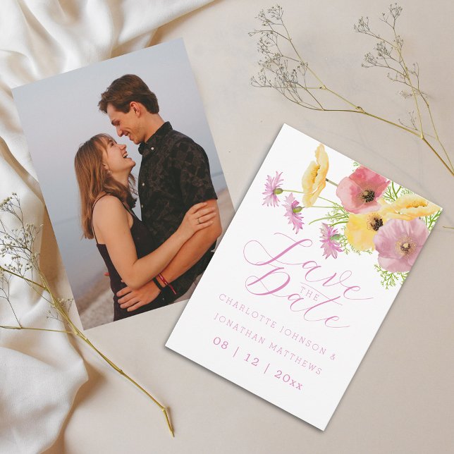 Boho Chic Vildblomma Rosa Blommig Foto Bröllop Spara Datumet (Elegant watercolor wildflower bouquet pink yellow floral wedding save the date invitation)