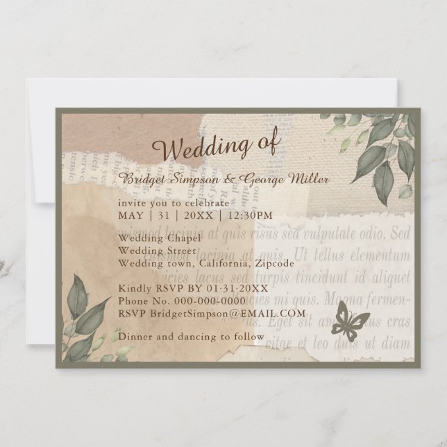 boho chic vintage greenery bröllop inbjudningar (Framsida)