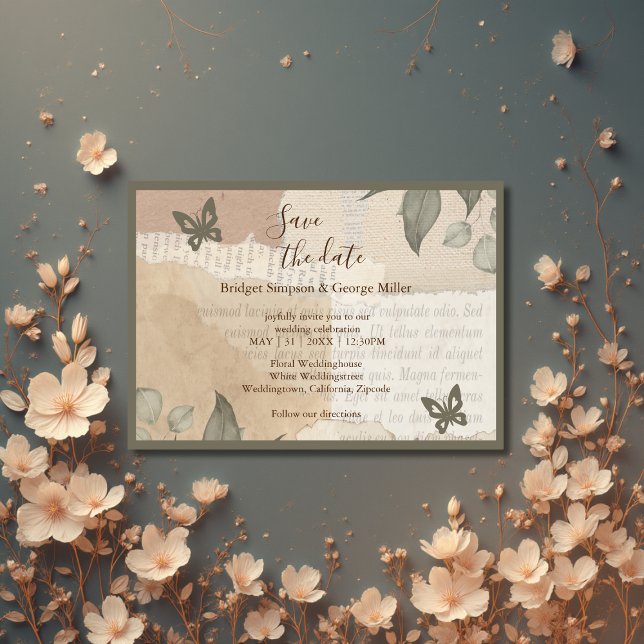 boho chic vintage greenery bröllop säker datum inbjudningar (Skapare uppladdad)