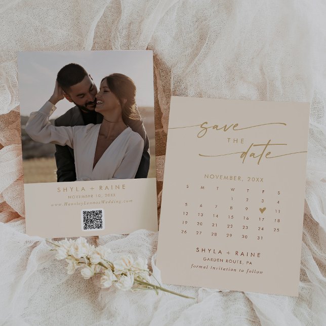 Boho Chic Vintage Guld QR-kodfotokalender Spara Datumet (Skapare uppladdad)