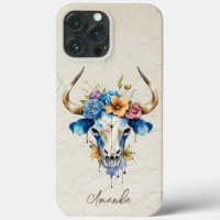 Boho Chic Watercolor Blommigt Cow Skull