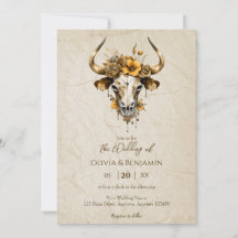 Boho Chic Watercolor Blommigt Cow Skull Bröllop