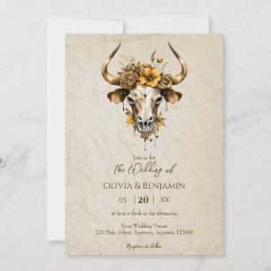 Boho Chic Watercolor Blommigt Cow Skull Bröllop Inbjudningar