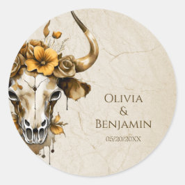 Boho Chic Watercolor Blommigt Cow Skull Bröllop Runt Klistermärke