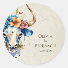 Boho Chic Watercolor Blommigt Cow Skull Bröllop Runt Klistermärke