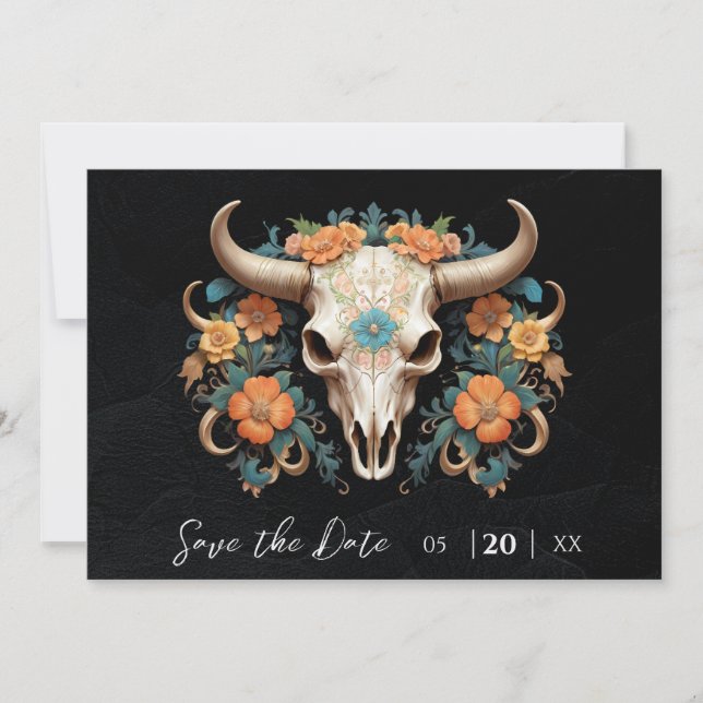 Boho Chic Watercolor Blommigt Cow Skull Bröllop Spara Datumet (Framsida)