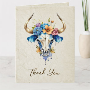 Boho Chic Watercolor Blommigt Cow Skull Bröllop Tack Kort