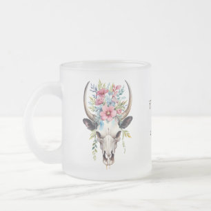 Boho Chic Watercolor Blommigt Cow Skull Frostad Glasmugg