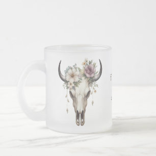 Boho Chic Watercolor Blommigt Cow Skull Frostad Glasmugg