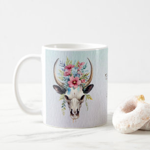 Boho Chic Watercolor Blommigt Cow Skull Kaffemugg