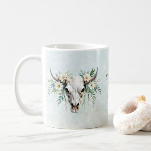 Boho Chic Watercolor Blommigt Cow Skull Kaffemugg