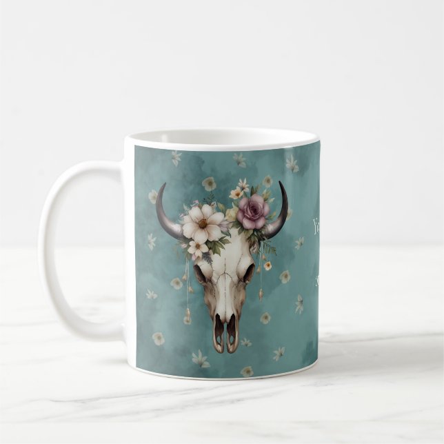 Boho Chic Watercolor Blommigt Cow Skull Kaffemugg (Vänster)