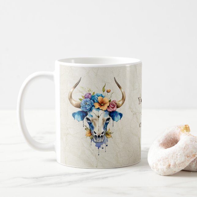Boho Chic Watercolor Blommigt Cow Skull Kaffemugg (Med munk)