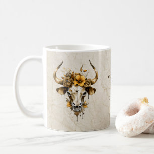 Boho Chic Watercolor Blommigt Cow Skull Kaffemugg