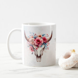 Boho Chic Watercolor Blommigt Cow Skull Kaffemugg