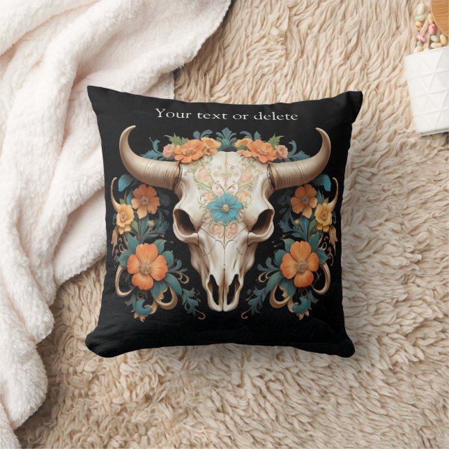 Boho Chic Watercolor Blommigt Cow Skull Kudde (Filt)
