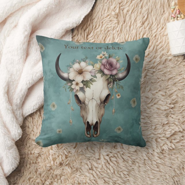 Boho Chic Watercolor Blommigt Cow Skull Kudde (Filt)