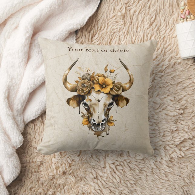 Boho Chic Watercolor Blommigt Cow Skull Kudde (Filt)