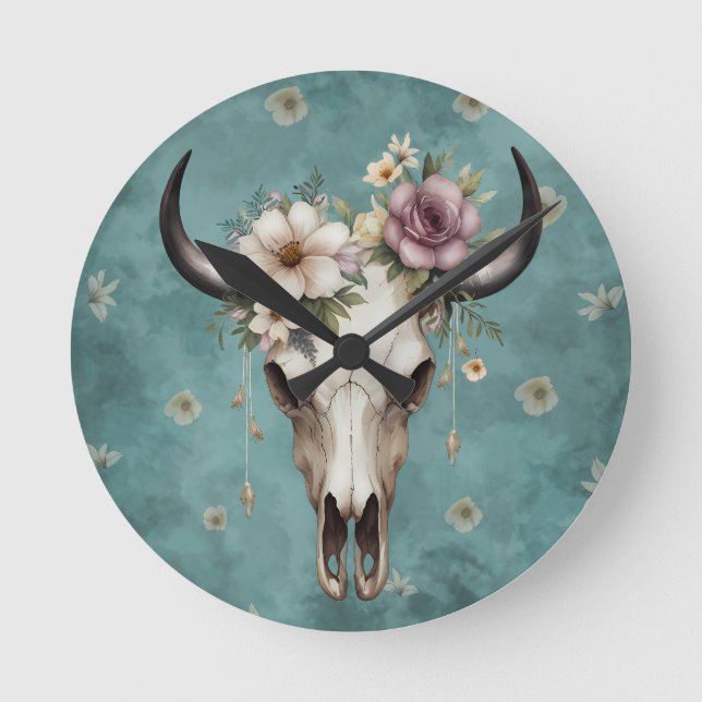 Boho Chic Watercolor Blommigt Cow Skull Rund Klocka (Framsida)