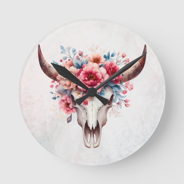 Boho Chic Watercolor Blommigt Cow Skull Rund Klocka (Framsida)