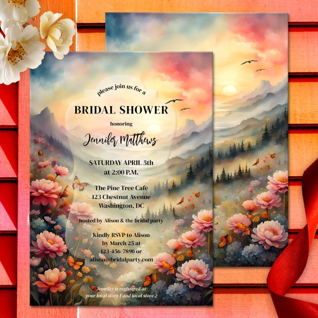 Boho Chic Watercolor Blommigt Möhippa Inbjudningar (Bridal shower invite showing a romantic watercolor landscape with colorful flowers and butterflies)