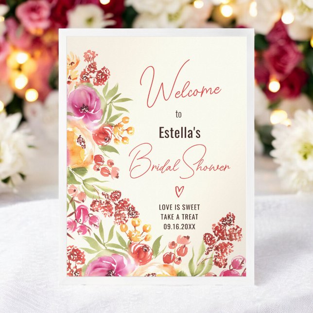 Boho Chic Watercolor Blommigt Möhippa Välkommen Poster (Boho Chic Watercolor Floral Bridal Shower Welcome Poster)