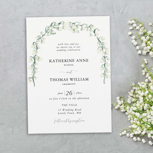 Boho Chic Watercolor Lily of Valley Bröllop Arch Inbjudningar (spring wedding invitation card lily valley watercolor fine art hand drawn romantic boho arch)